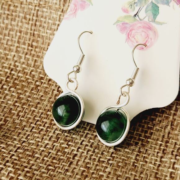Green Natural Jade Stone Earrings, Silver-Plated Wire Wrapped Dangle Earrings - Picture 5 of 12